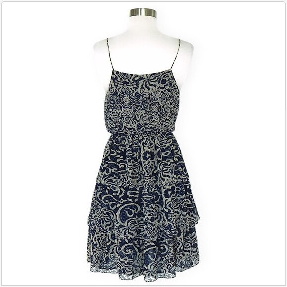 Robbi & Nikki Navy Beige Scroll Batik Tiered Layered Summer Slip Dress Size XS - Picture 3 of 4